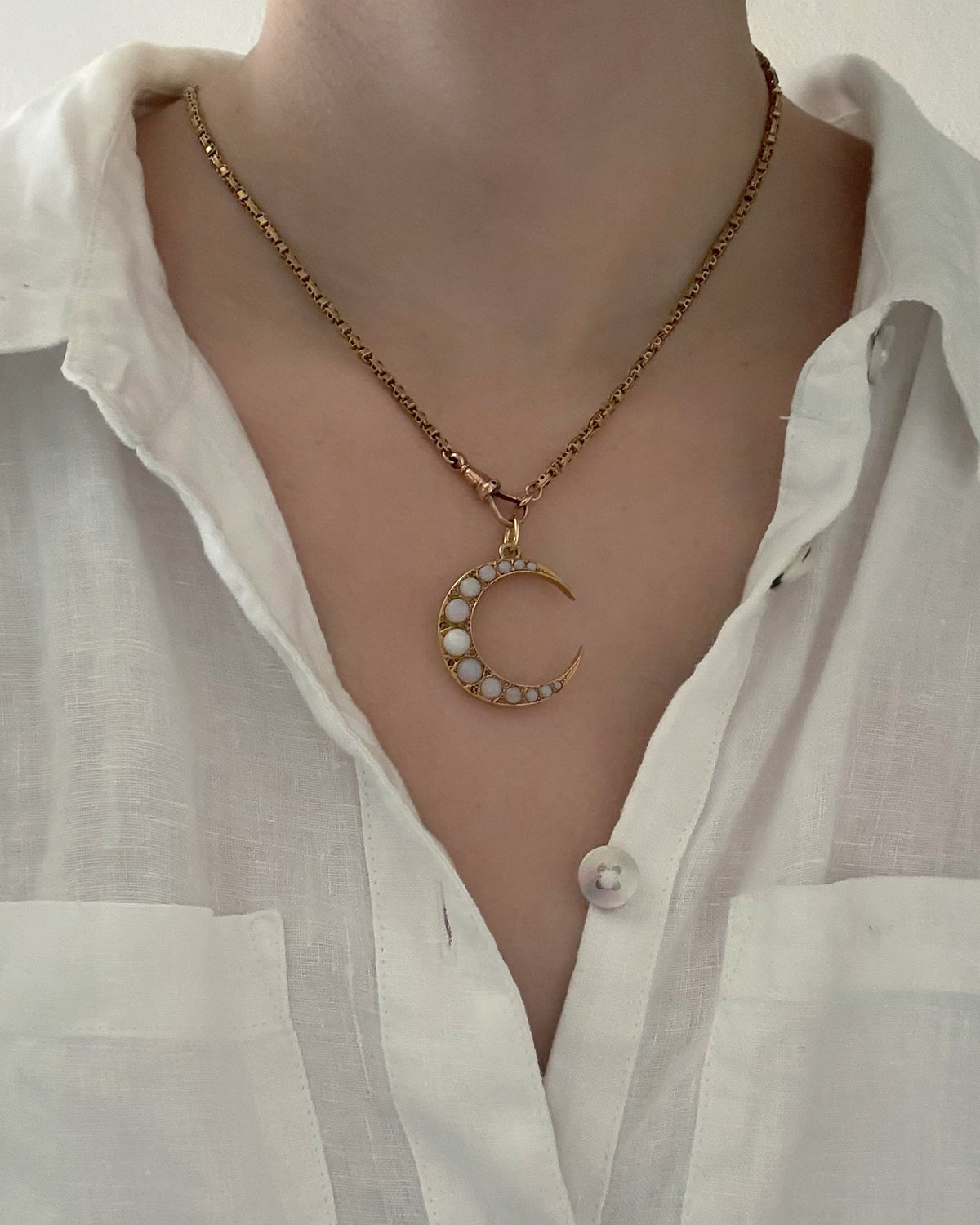 Edwardian 9ct Yellow Gold Opal and Diamond Crescent Moon Pendant