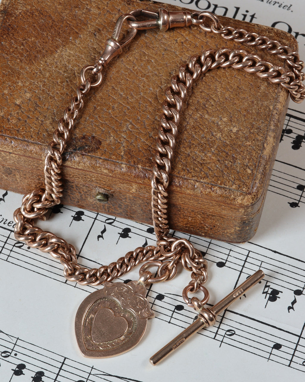 1920s 9ct Peach Gold Watch Chain with T-Bar, Dog Clips & Heart Fob