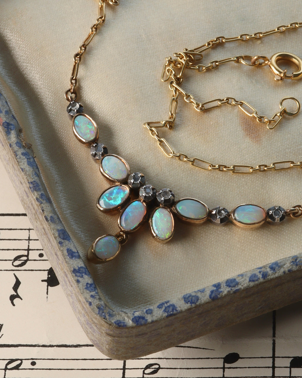 Antique Edwardian Portuguese 19.2ct Gold Opal & Diamond Fringe Necklace