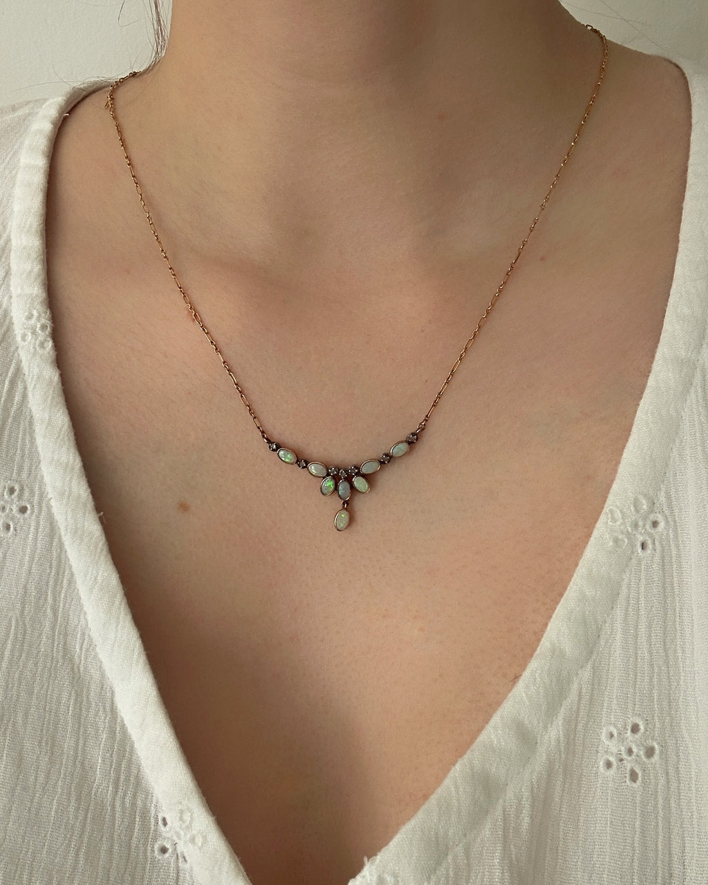Antique Edwardian Portuguese 19.2ct Gold Opal & Diamond Fringe Necklace