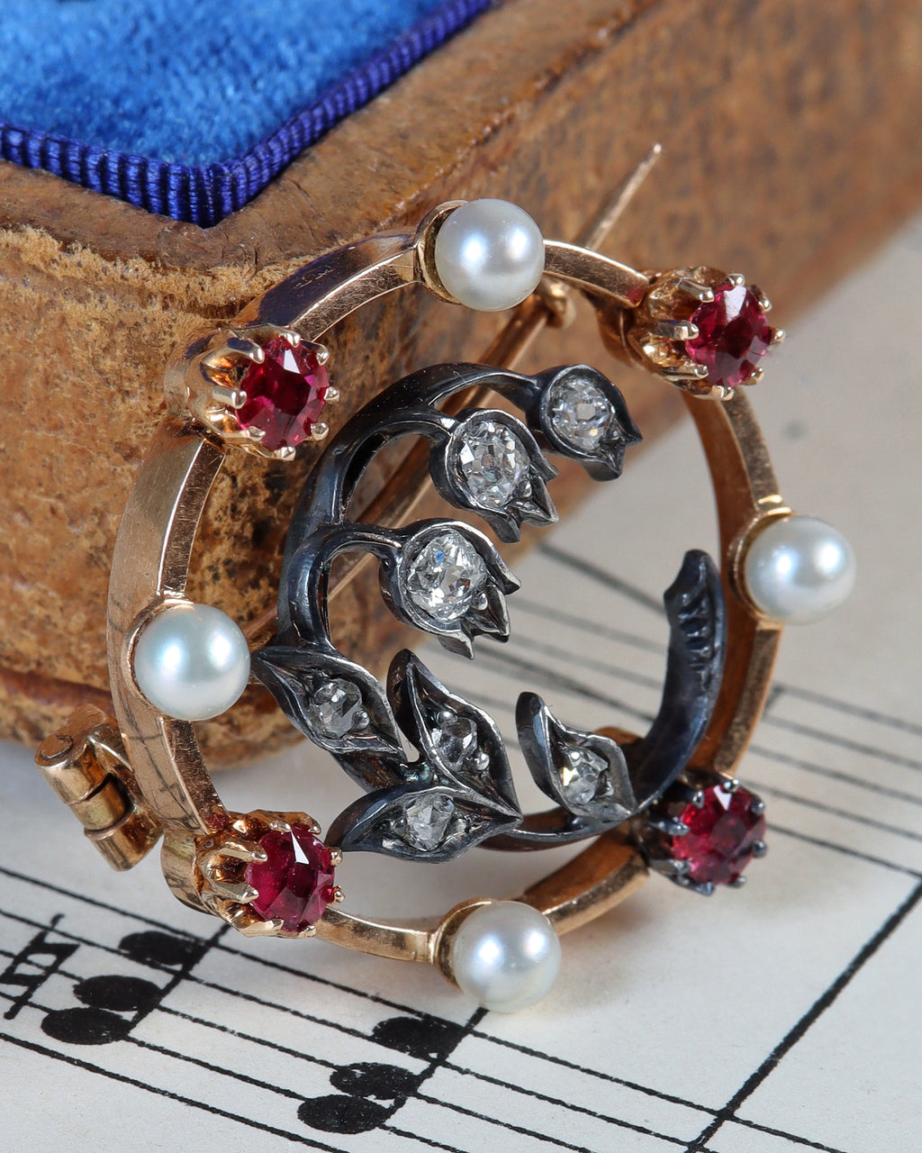 Antique Austrian Lily of the Valley Rose gold, Diamond and Ruby Brooch