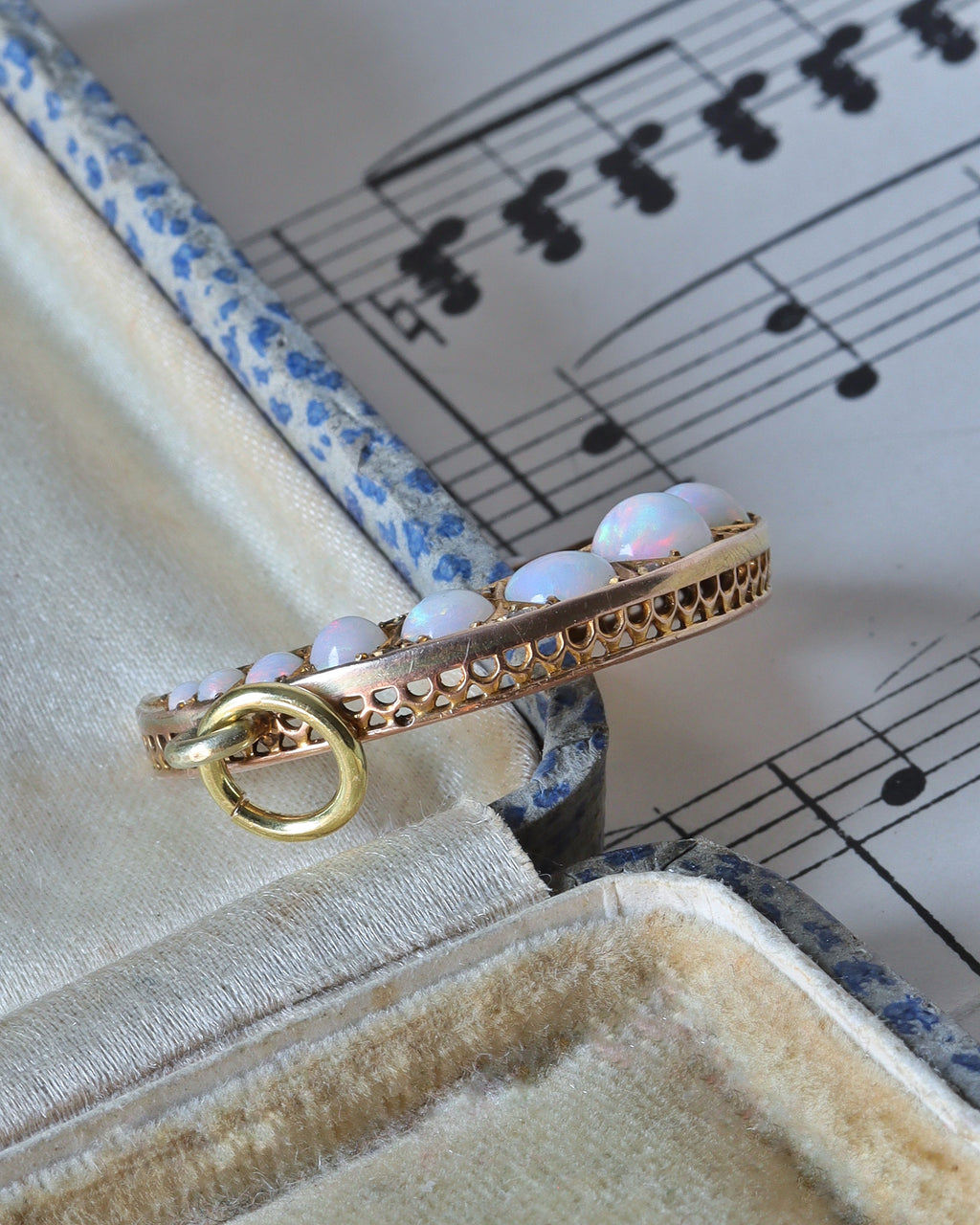Edwardian 9ct Yellow Gold Opal and Diamond Crescent Moon Pendant
