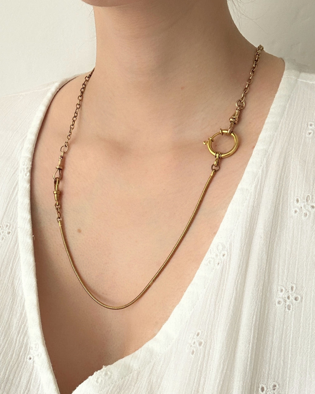 Antique Rolled Gold Snake Link Watch Chain with Dog Clip & XL Bolt Clasp