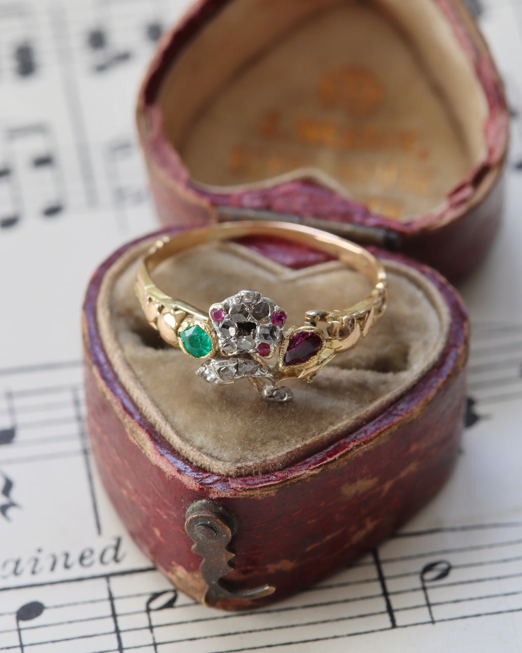Rare Georgian Giardinetti Ring with Rose Cut Diamonds, Emerald & Rubies