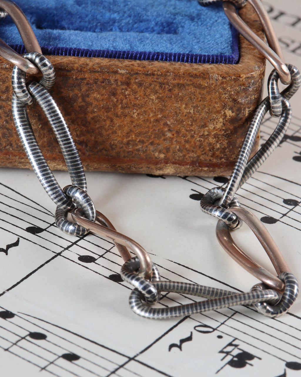 Antique Niello Silver Watch Chain with Rose Gold Wash, XL Bolt Clasp & Dog Clip