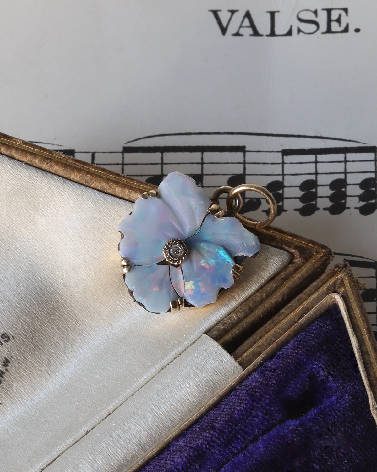 Late Victorian Carved Opal Pansy Charm with Diamond in 14ct Yellow Gold