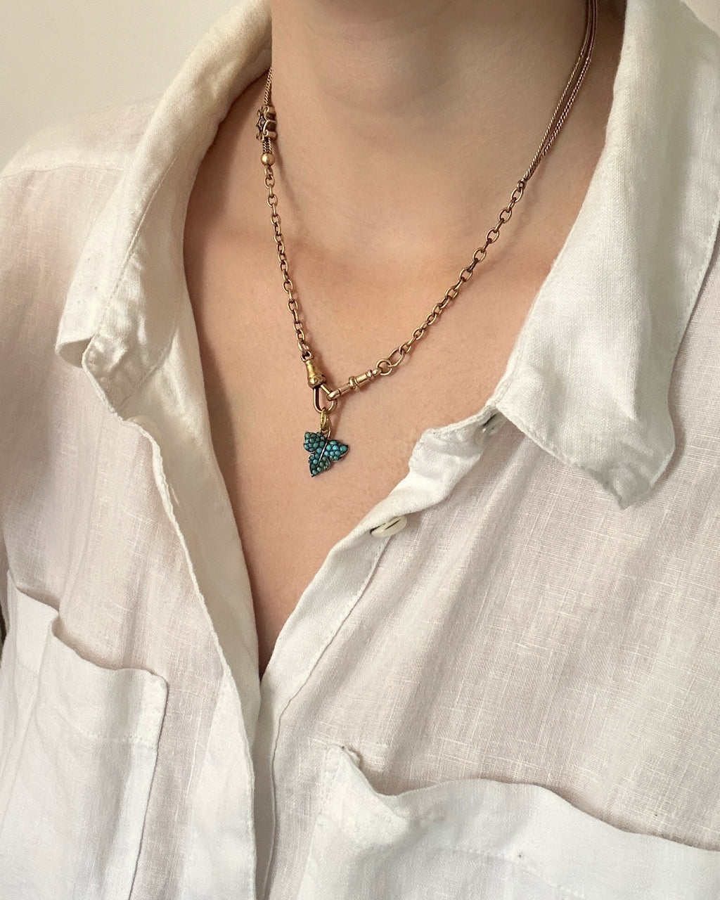 Victorian Turquoise Leaf Charm in Silver and Rose Gold