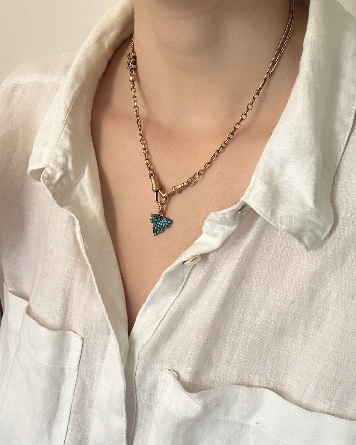 Victorian Turquoise Leaf Charm in Silver and Rose Gold