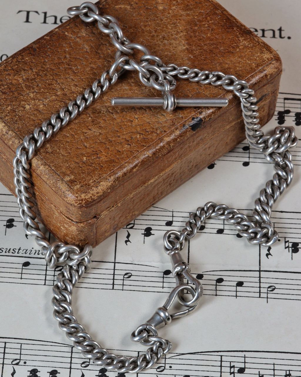 Victorian Sterling Silver Graduated Curb Link Watch Chain with Swivel T-Bar & Dog Clips