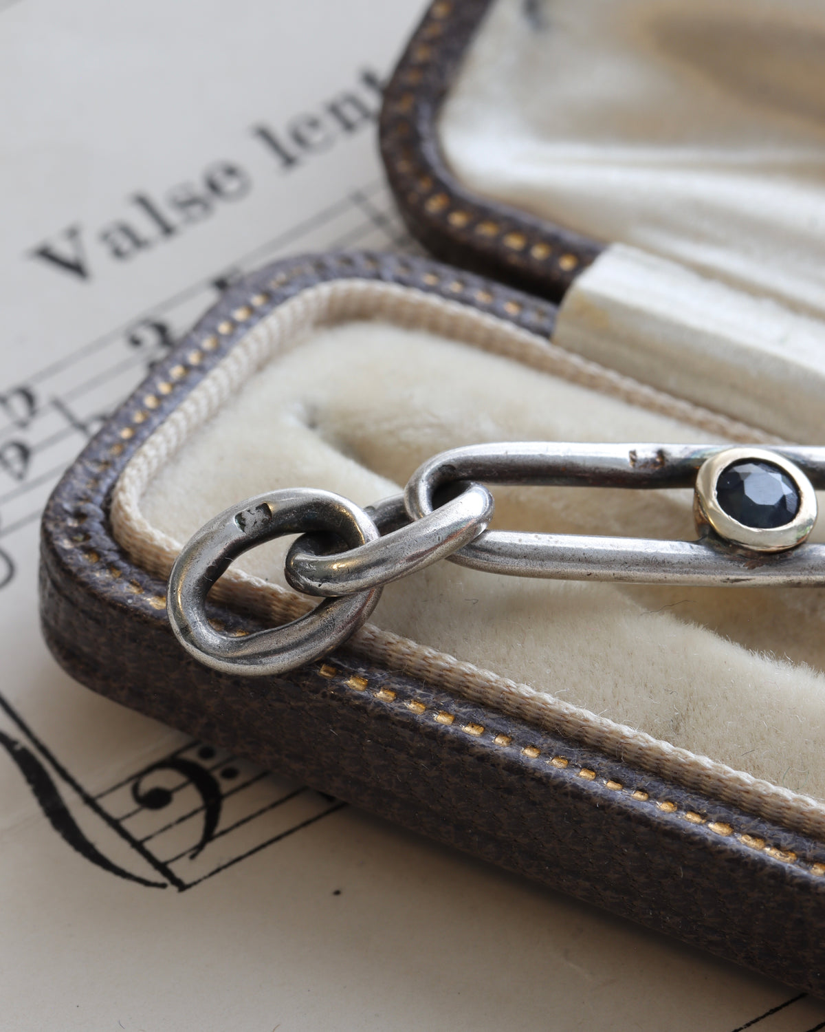 Antique Silver Trombone Link Extender with Faceted Sapphire & 14ct Gold Swivel Dog Clip