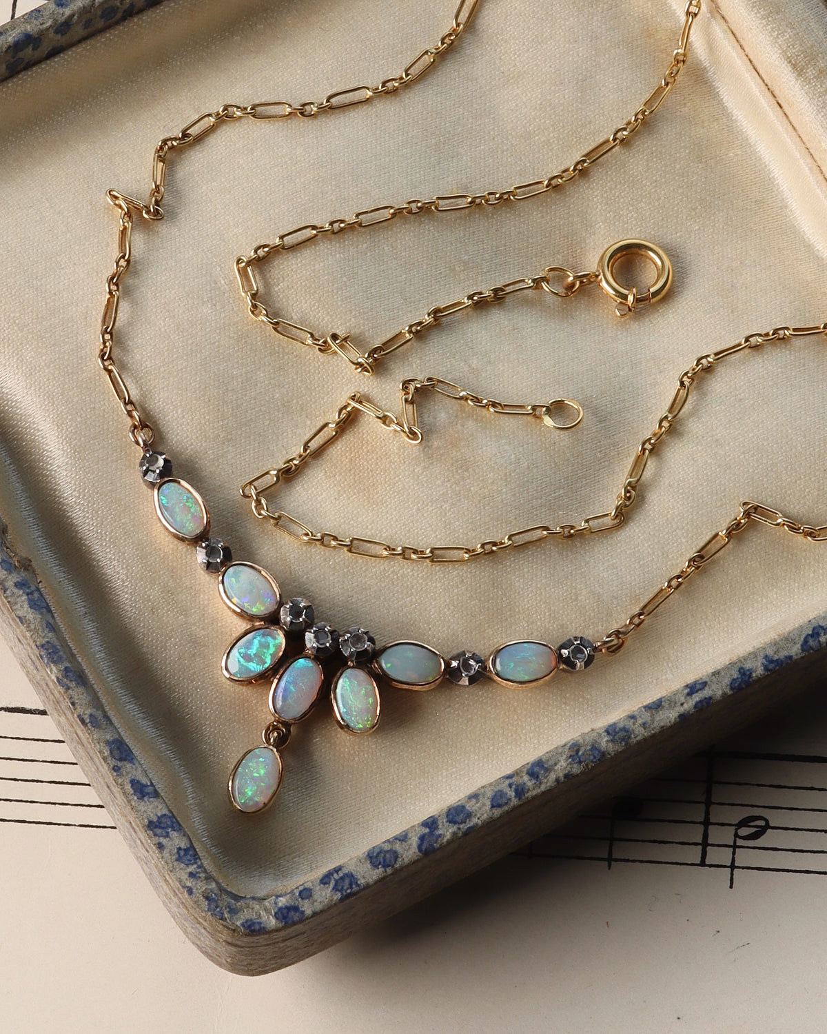 Antique Edwardian Portuguese 19.2ct Gold Opal & Diamond Fringe Necklace
