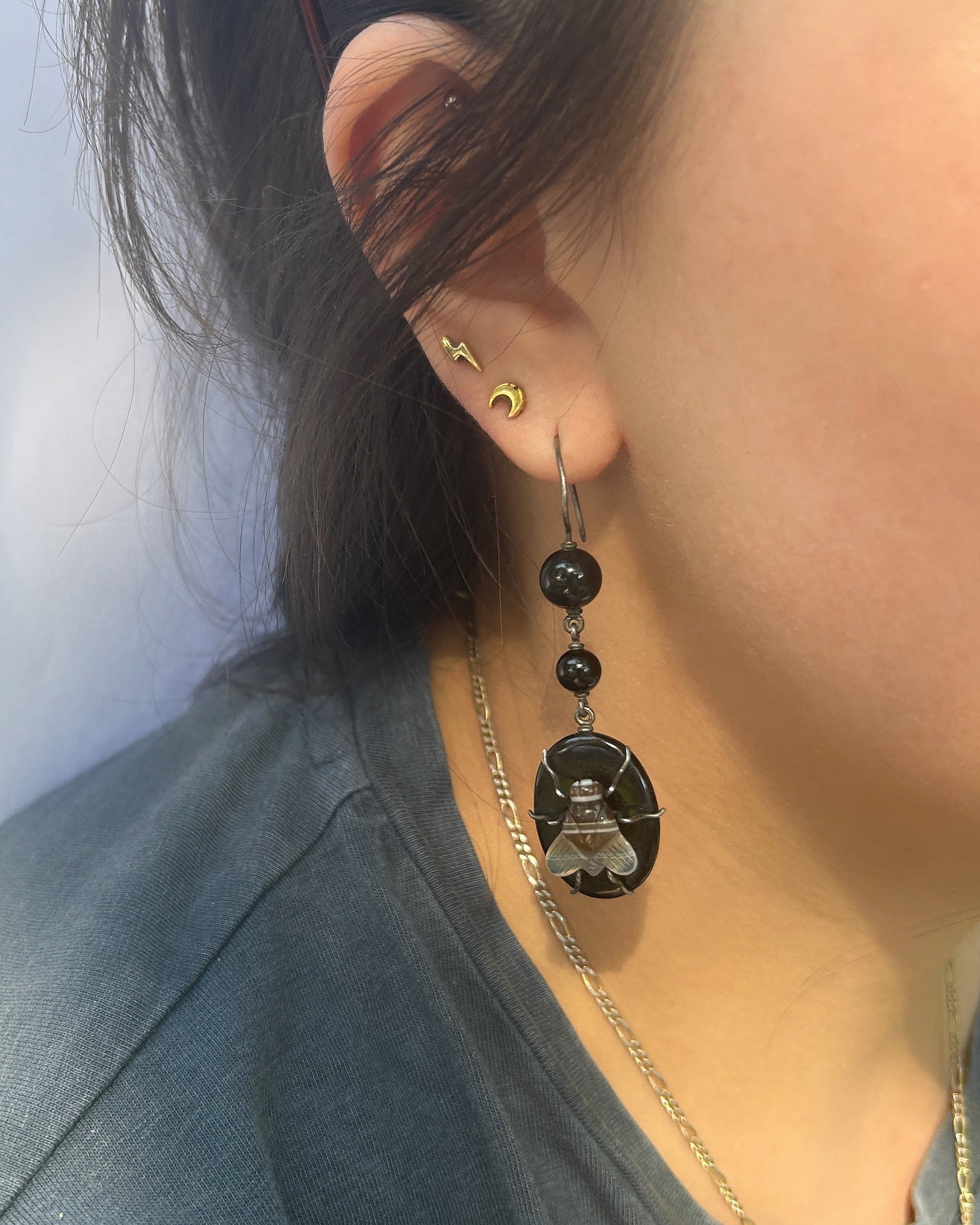 Victorian Silver Banded Agate Fly Earrings