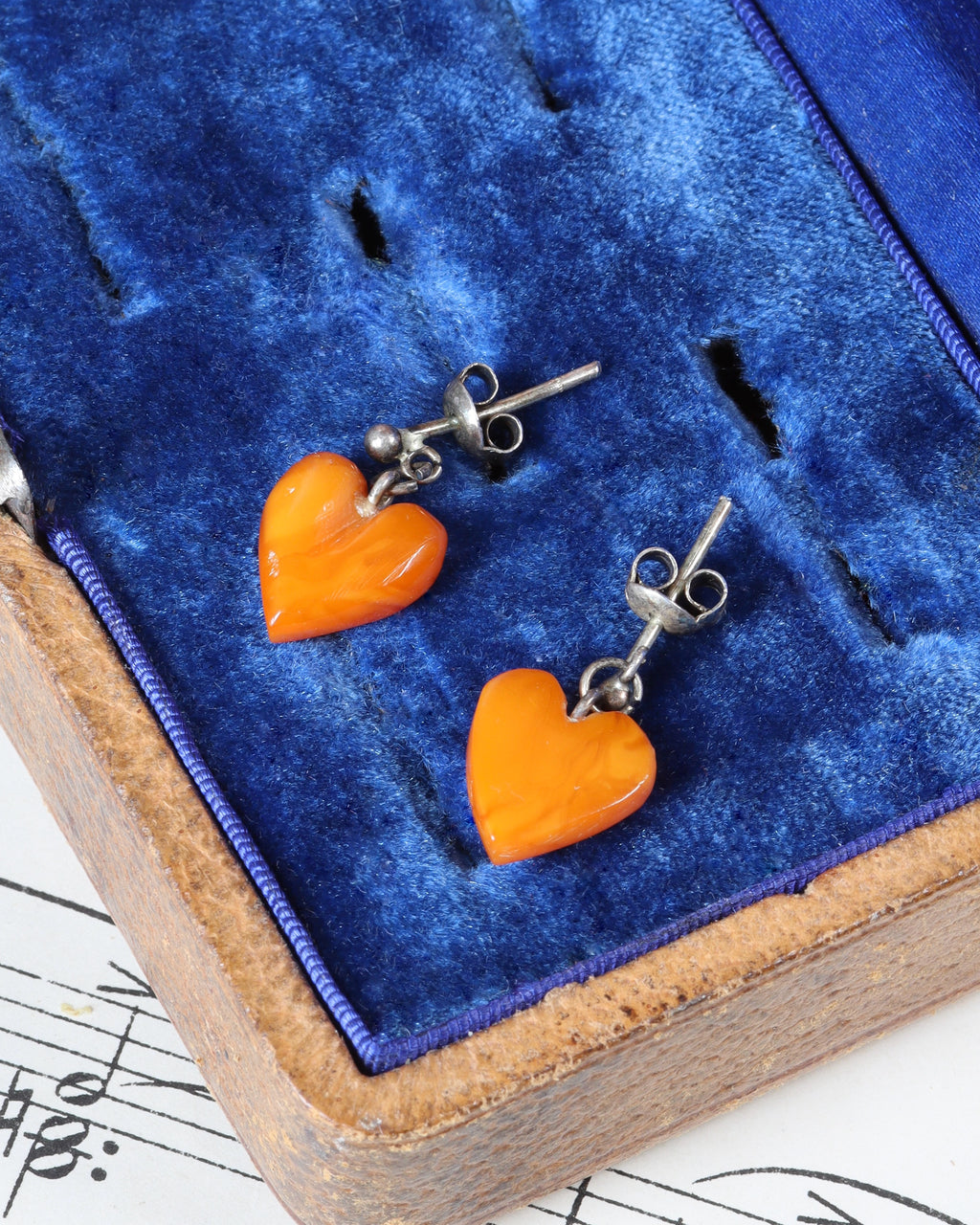 Vintage Carved Butterscotch Amber Heart Earrings