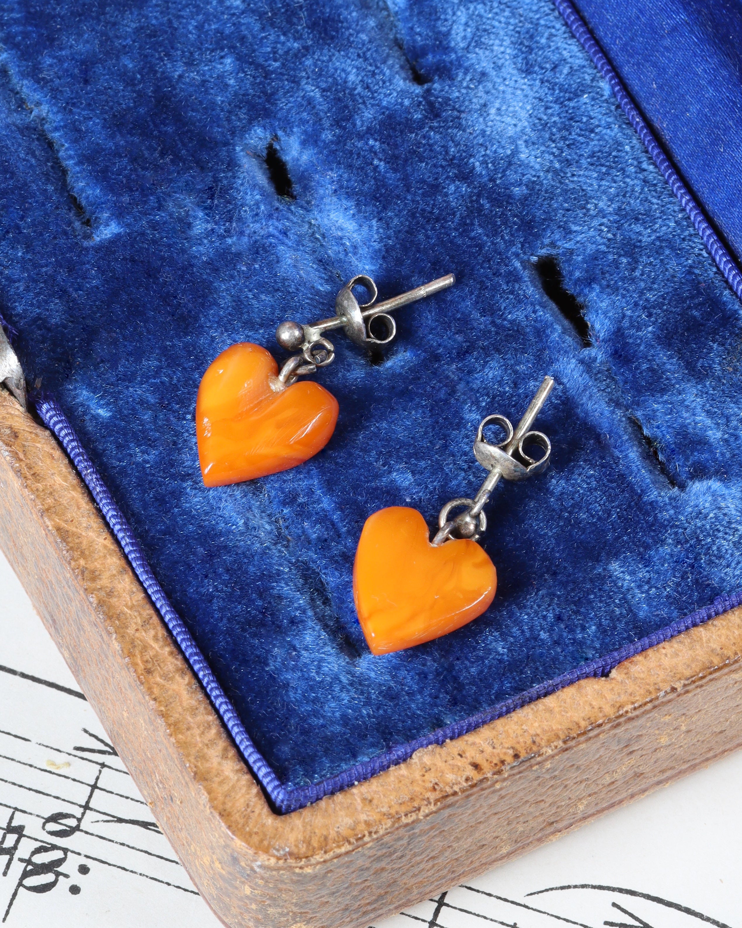 Vintage Carved Butterscotch Amber Heart Earrings