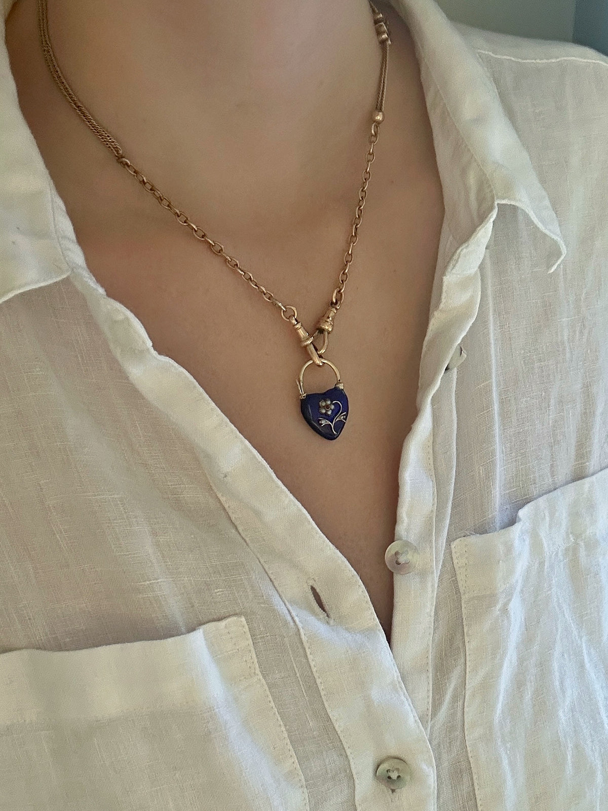 Victorian Blue Enamel Heart Padlock Glass Locket