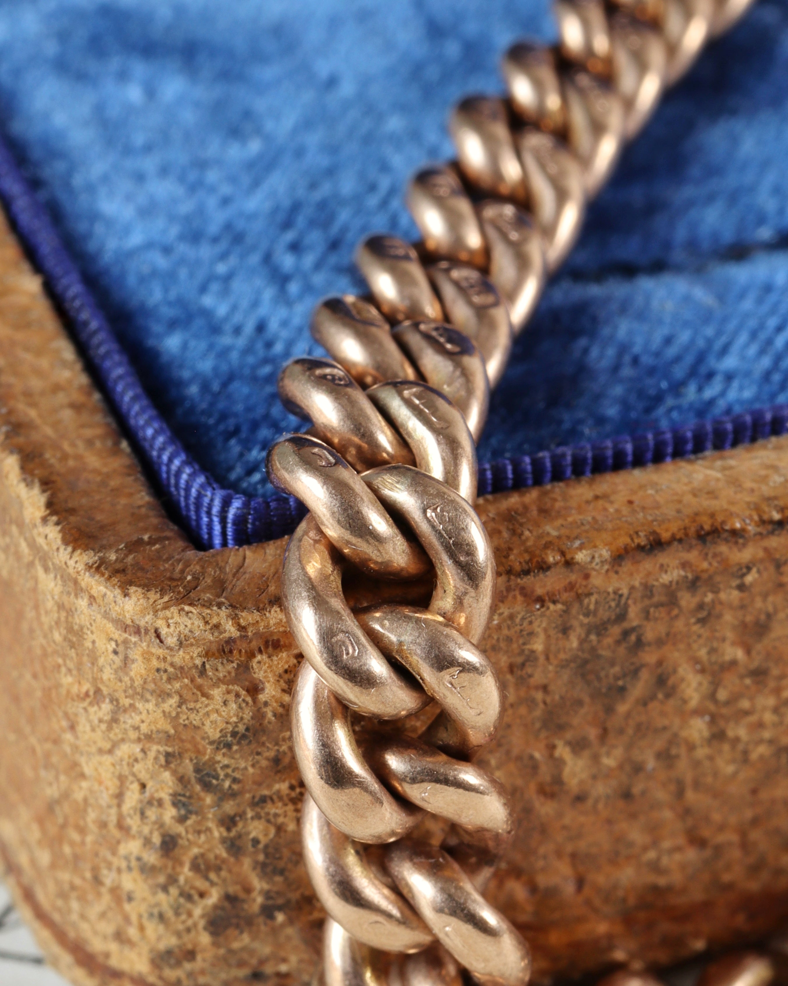 1920s 9ct Peach Gold Watch Chain with T-Bar, Dog Clips & Heart Fob