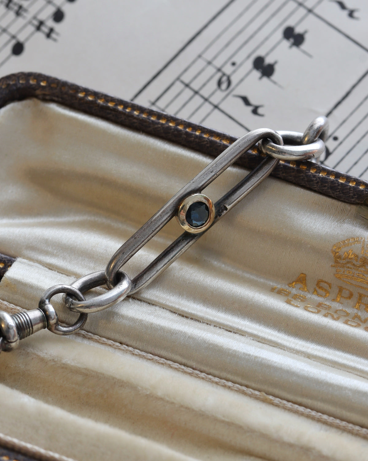 Antique Trombone Link Extender with Faceted Sapphire & Silver Swivel Dog Clip