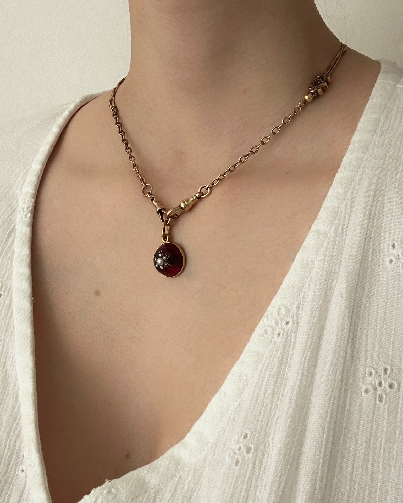 Victorian Gold Garnet Starburst Charm with Pearl & Rose Cut Diamond Centre