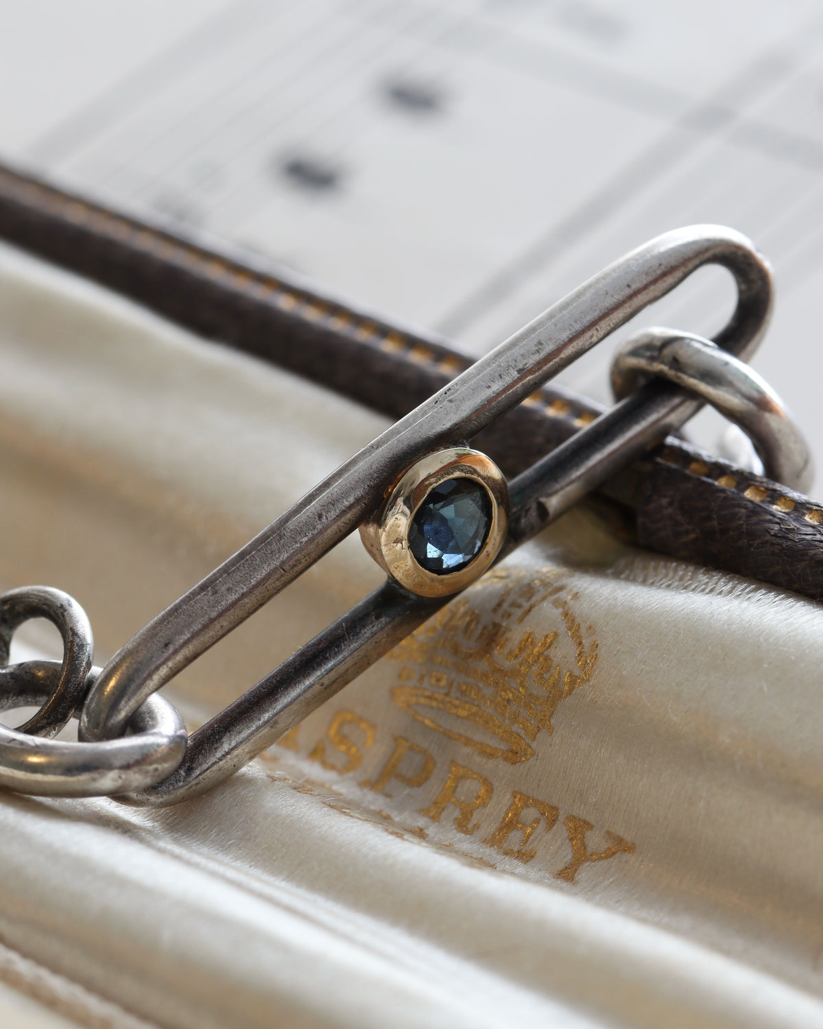 Antique Trombone Link Extender with Faceted Sapphire & Silver Swivel Dog Clip