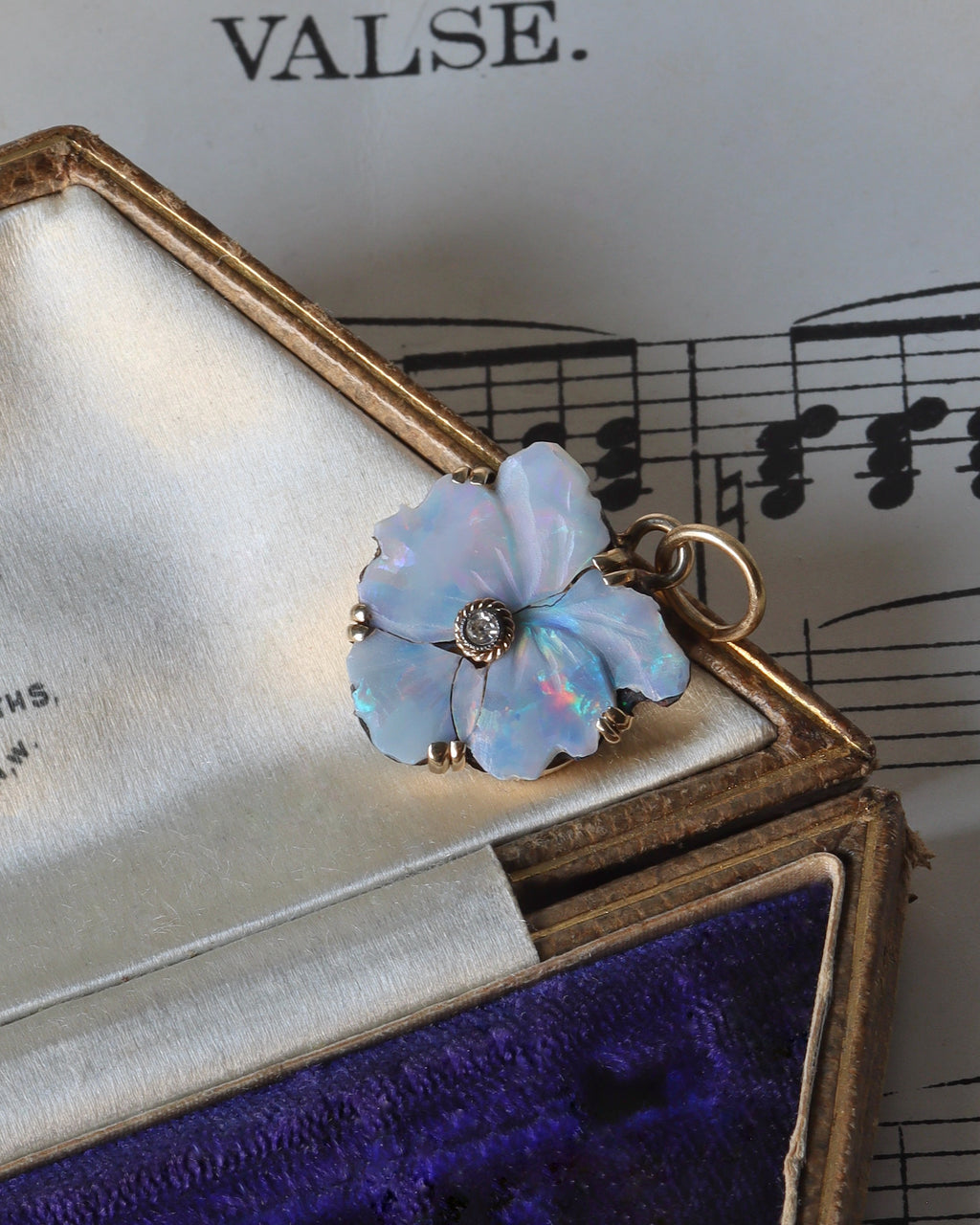 Late Victorian Carved Opal Pansy Charm with Diamond in 14ct Yellow Gold
