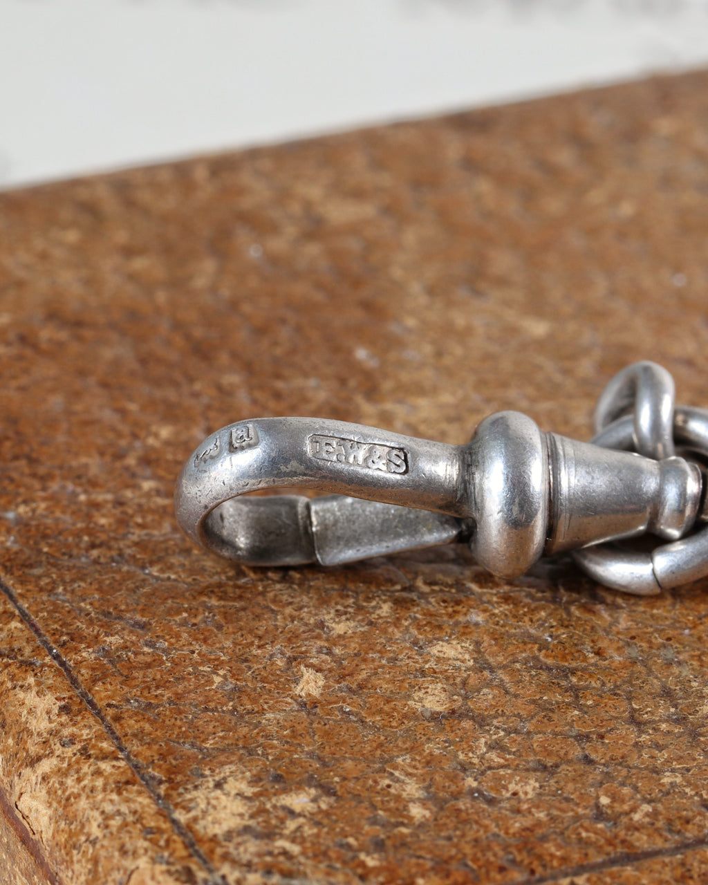 Victorian Silver Watch Chain with Double Dog Clip, T-Bar & Pendant Drop Links and Fob