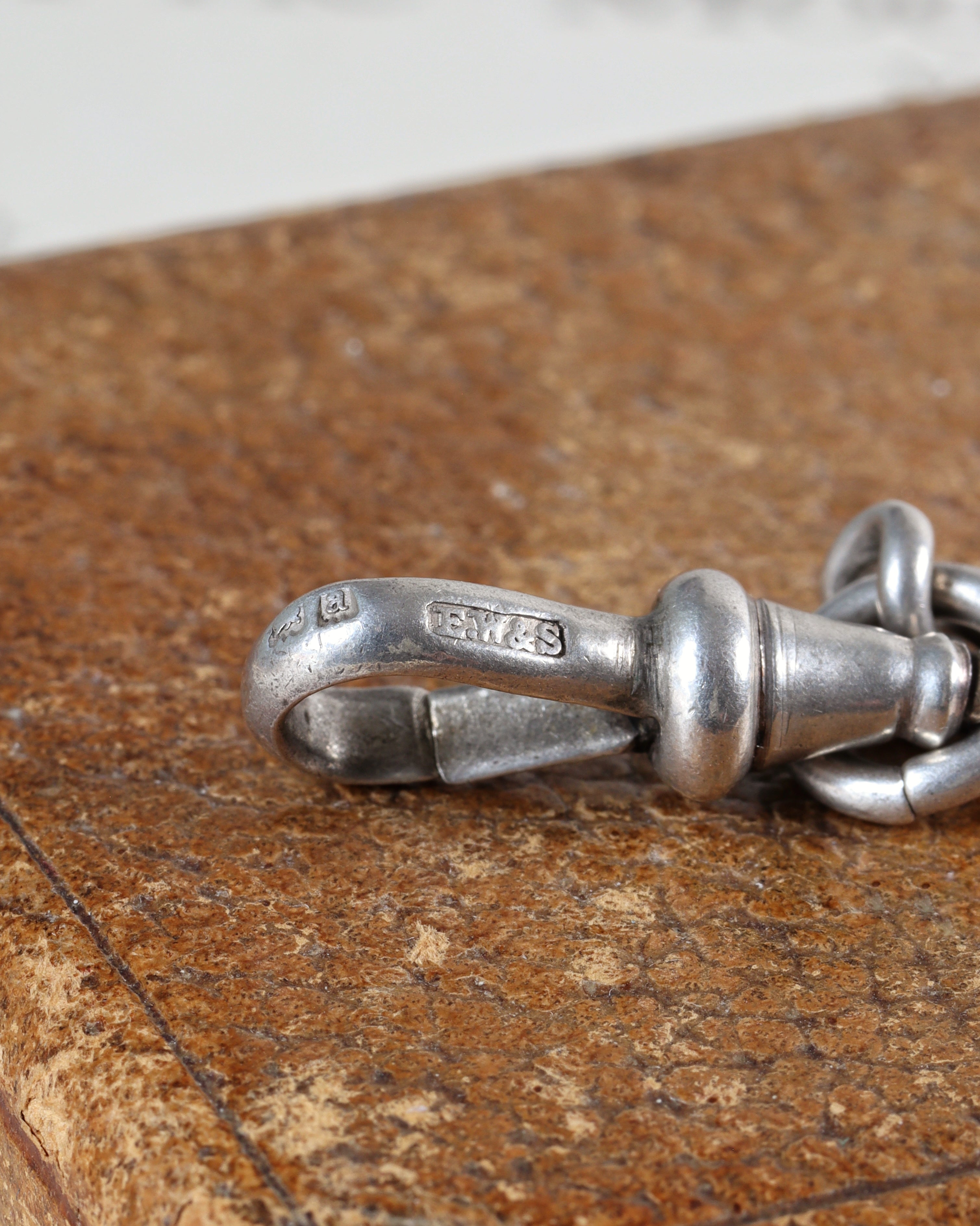 Victorian Silver Watch Chain with Double Dog Clip, T-Bar & Pendant Drop Links and Fob