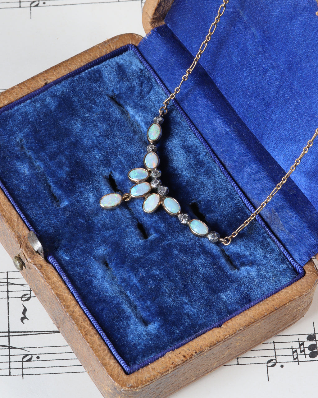 Antique Edwardian Portuguese 19.2ct Gold Opal & Diamond Fringe Necklace