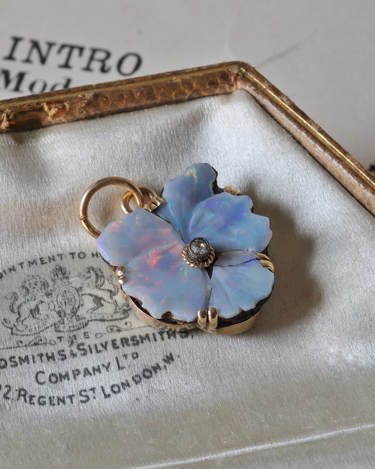 Late Victorian Carved Opal Pansy Charm with Diamond in 14ct Yellow Gold
