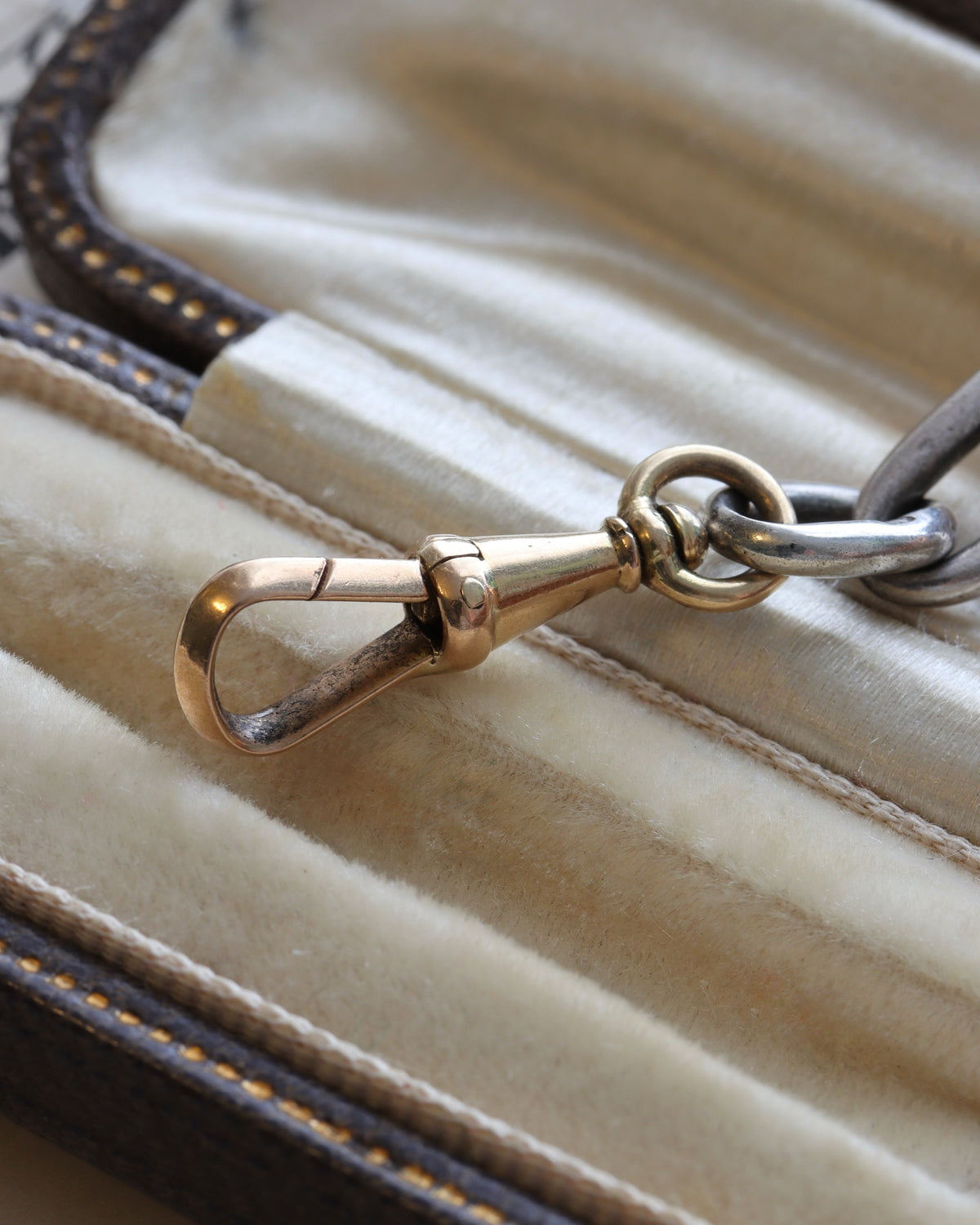Antique Silver Trombone Link Extender with Sapphire Cabochon & 14ct Gold Swivel Dog Clip