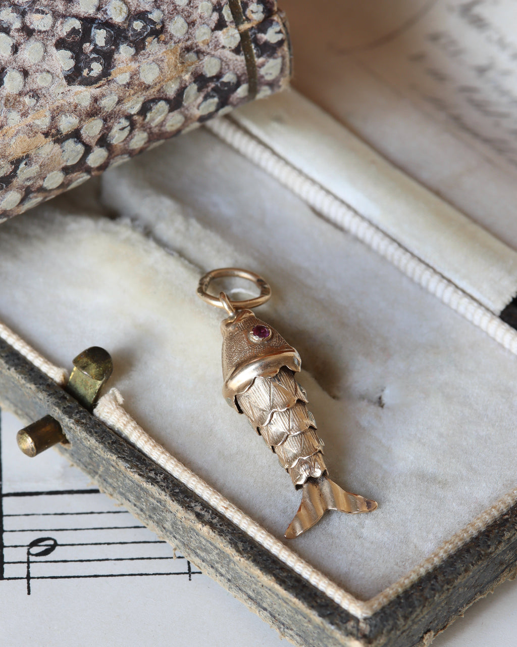 Antique Articulated Fish Charm with Ruby Eyes