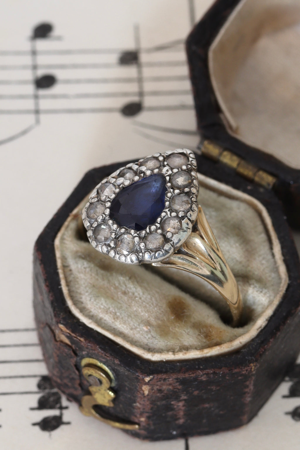 Georgian-Inspired 15ct Gold Rose Cut Diamond and Sapphire Teardrop Ring