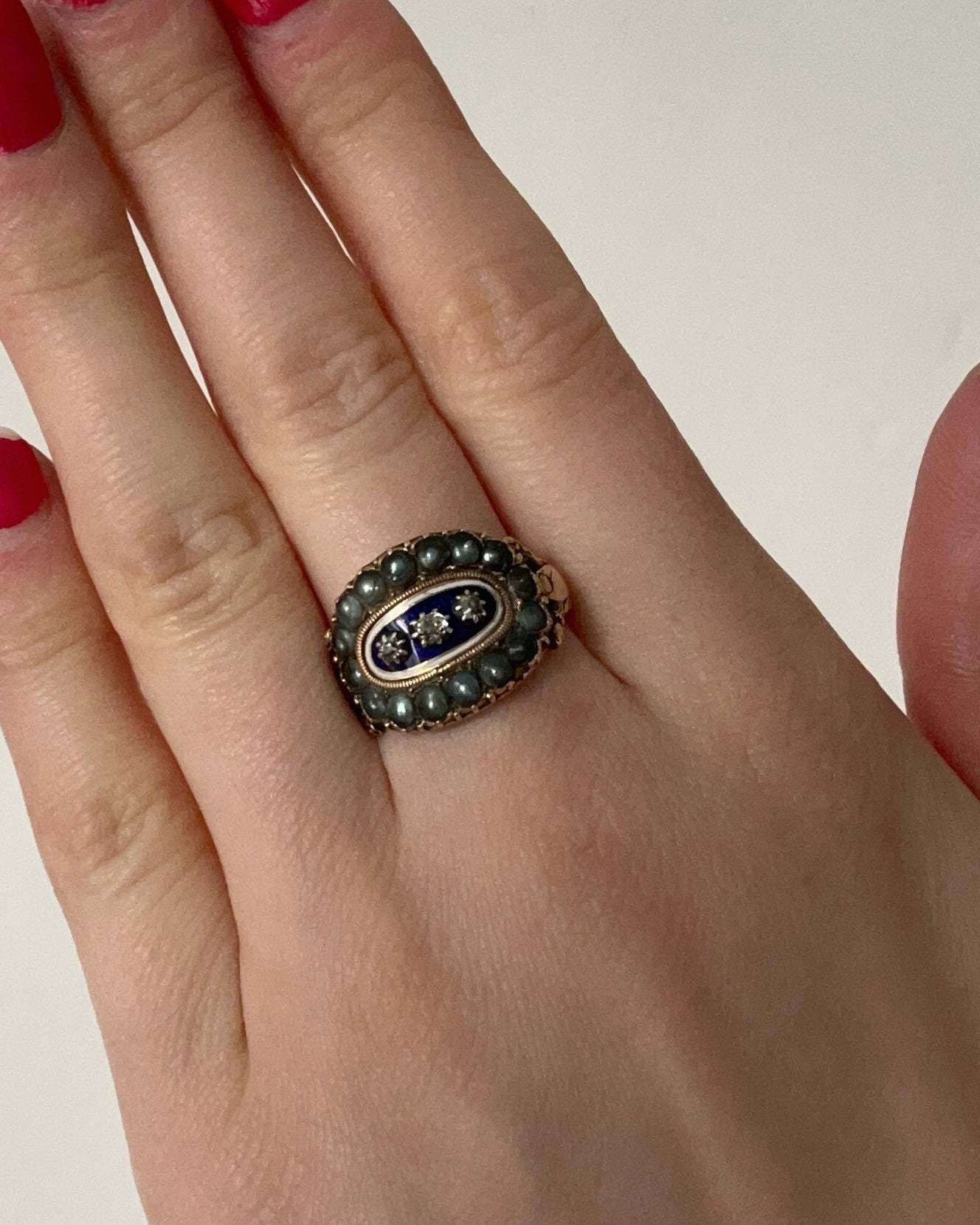 Georgian 15ct Gold 'Bague au Firmament' Pearl, Diamond & Enamel Ring