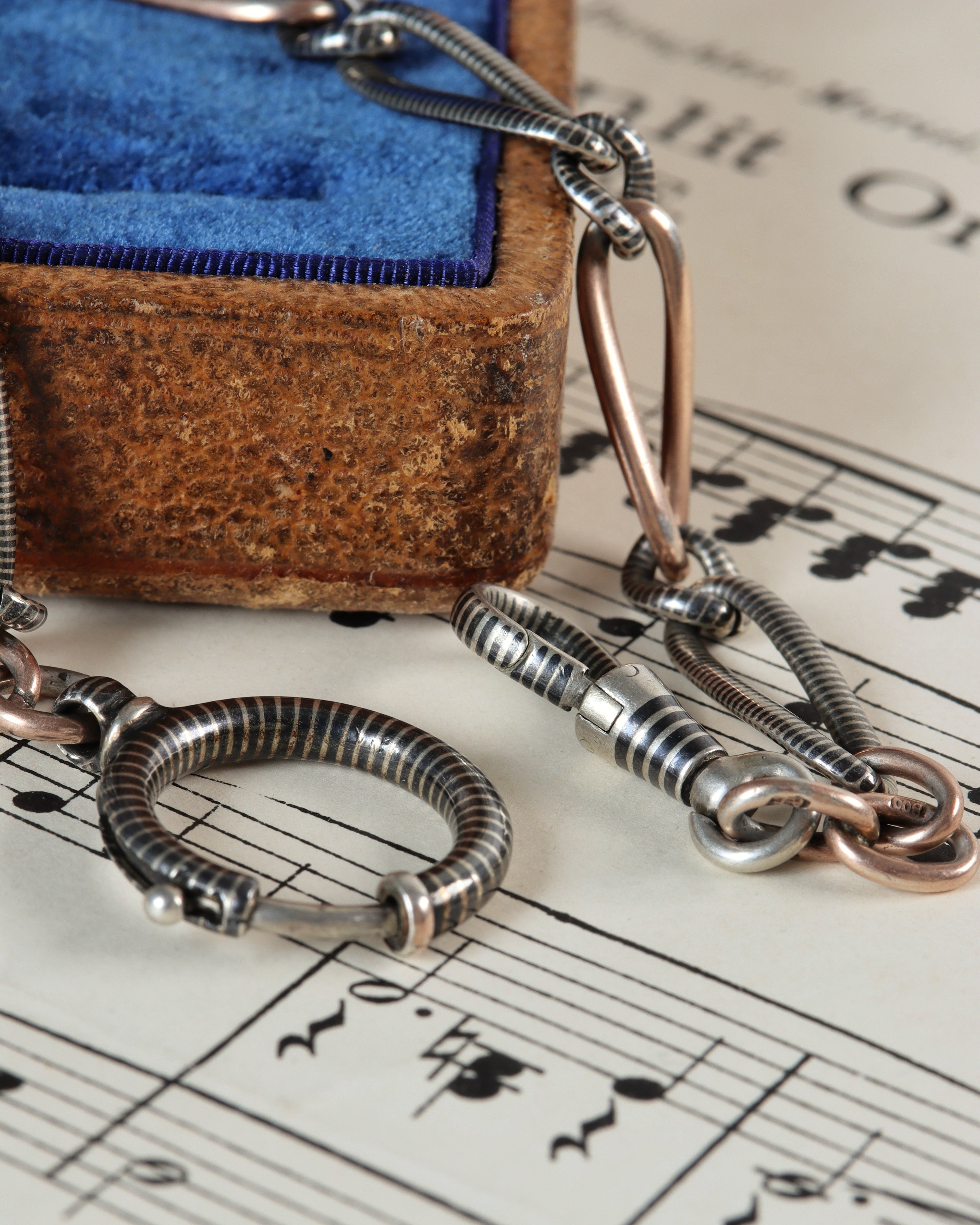 Antique Niello Silver Watch Chain with Rose Gold Wash, XL Bolt Clasp & Dog Clip