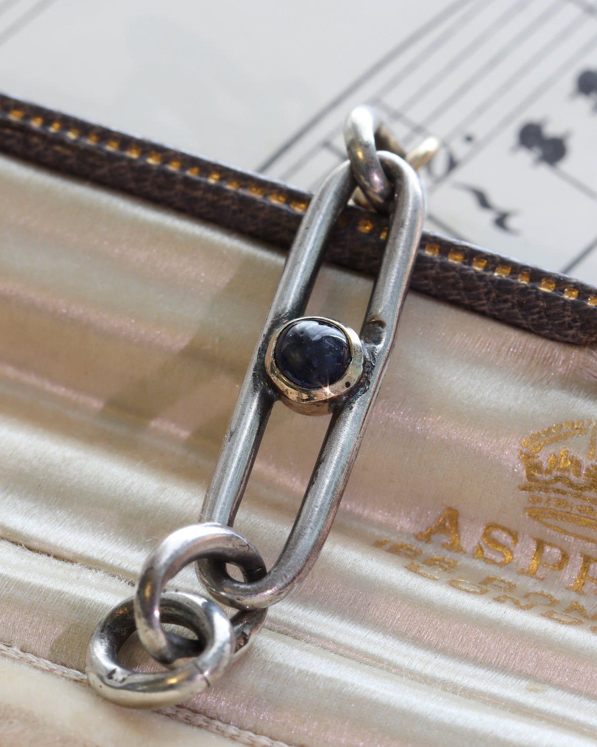 Antique Silver Trombone Link Extender with Sapphire Cabochon & 14ct Gold Swivel Dog Clip