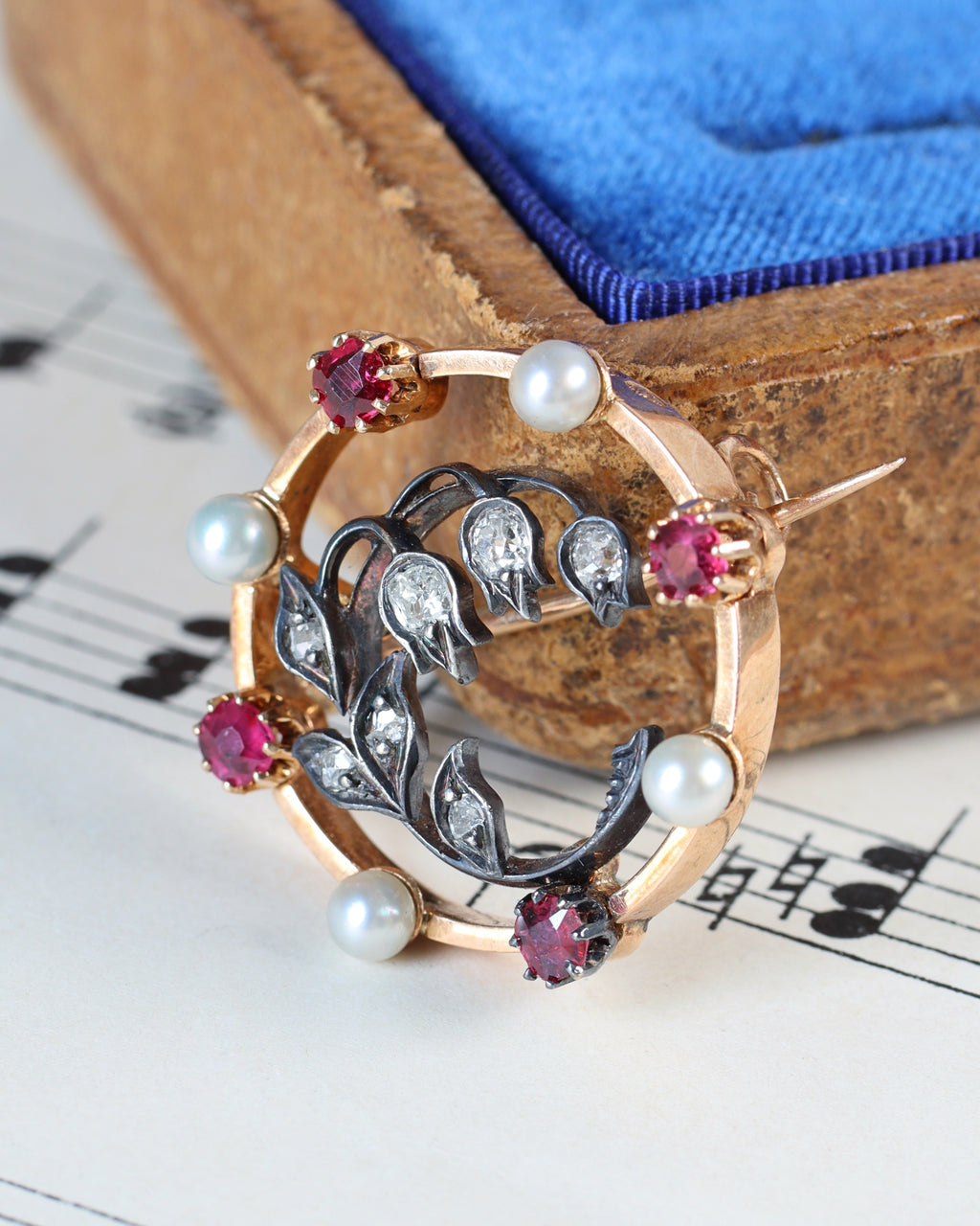 Antique Austrian Lily of the Valley Rose gold, Diamond and Ruby Brooch