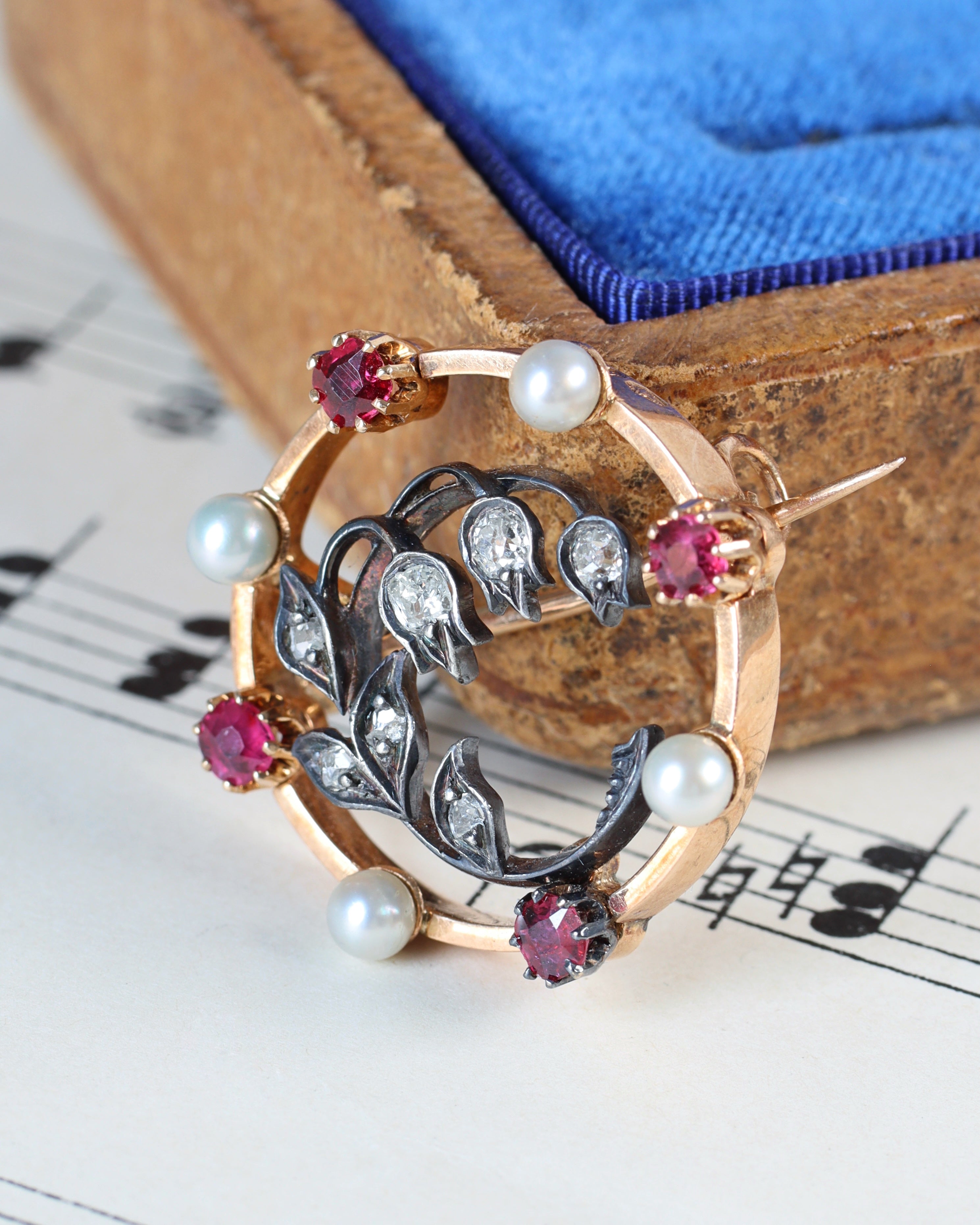 Antique Austrian Lily of the Valley Rose gold, Diamond and Ruby Brooch