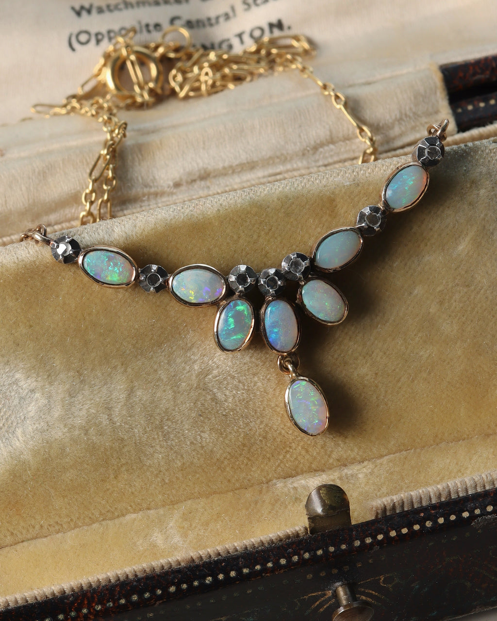 Antique Edwardian Portuguese 19.2ct Gold Opal & Diamond Fringe Necklace