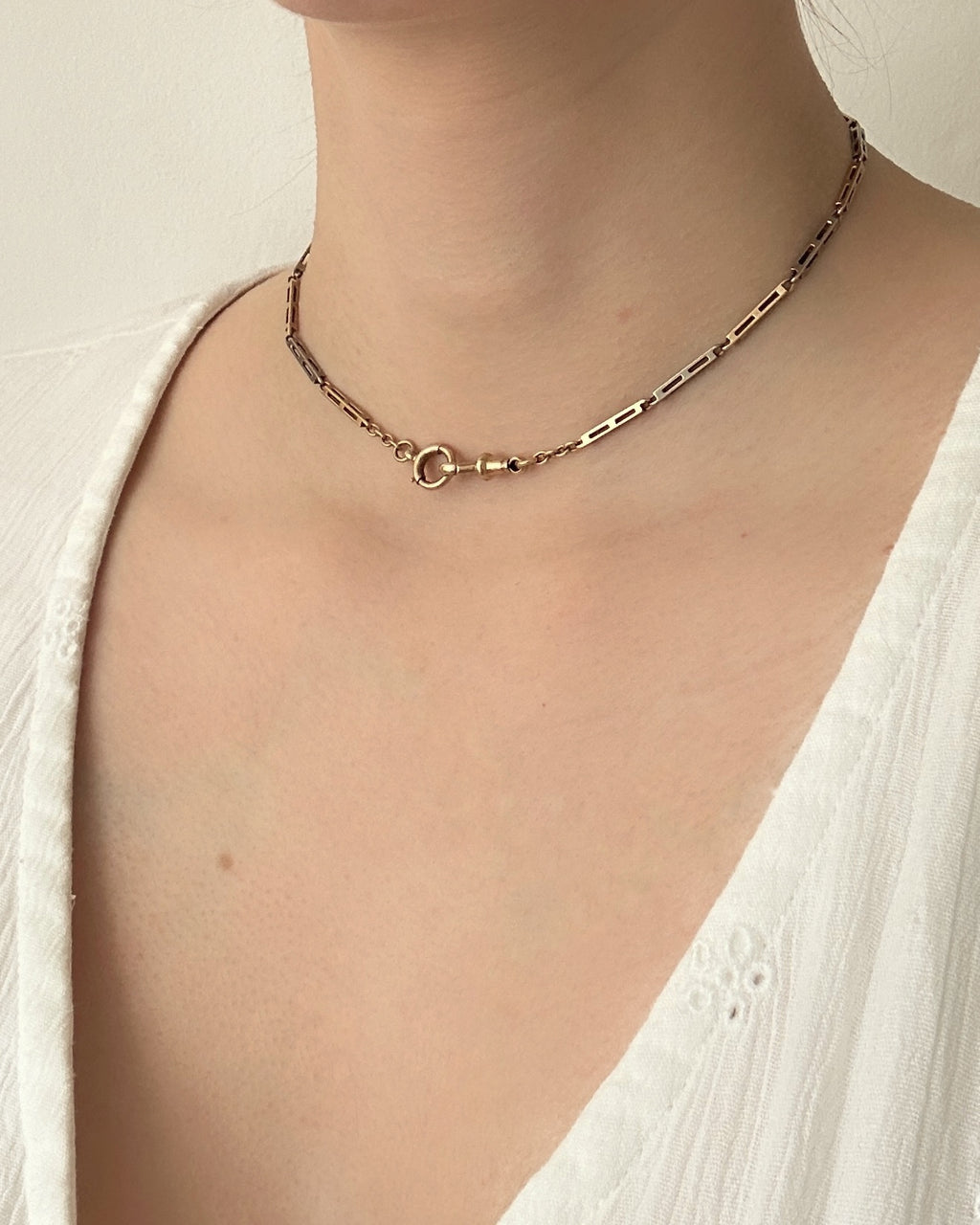 Art Deco Two Tone Fancy Link Chain with Dog Clip & Bolt Clasp