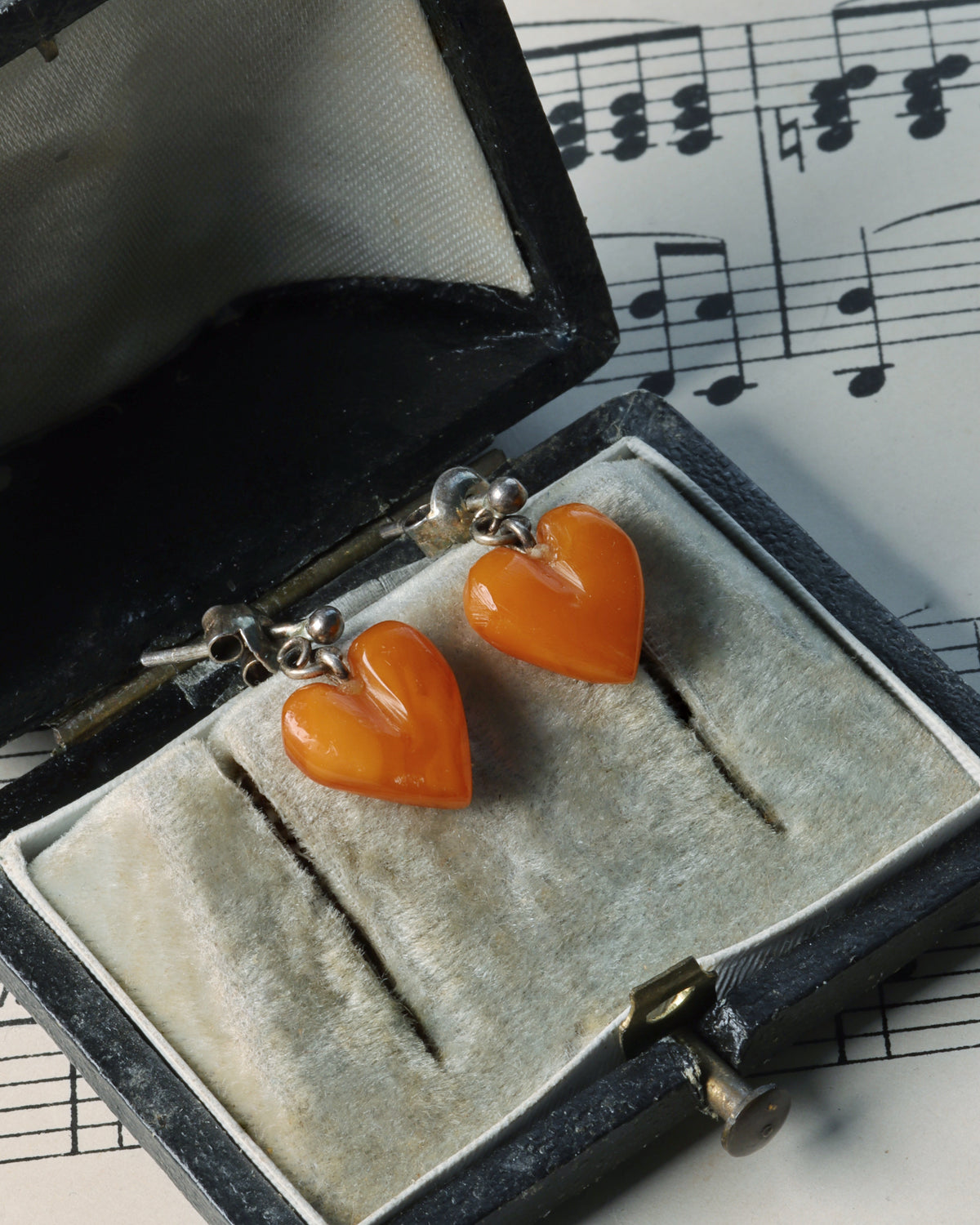 Vintage Carved Butterscotch Amber Heart Earrings