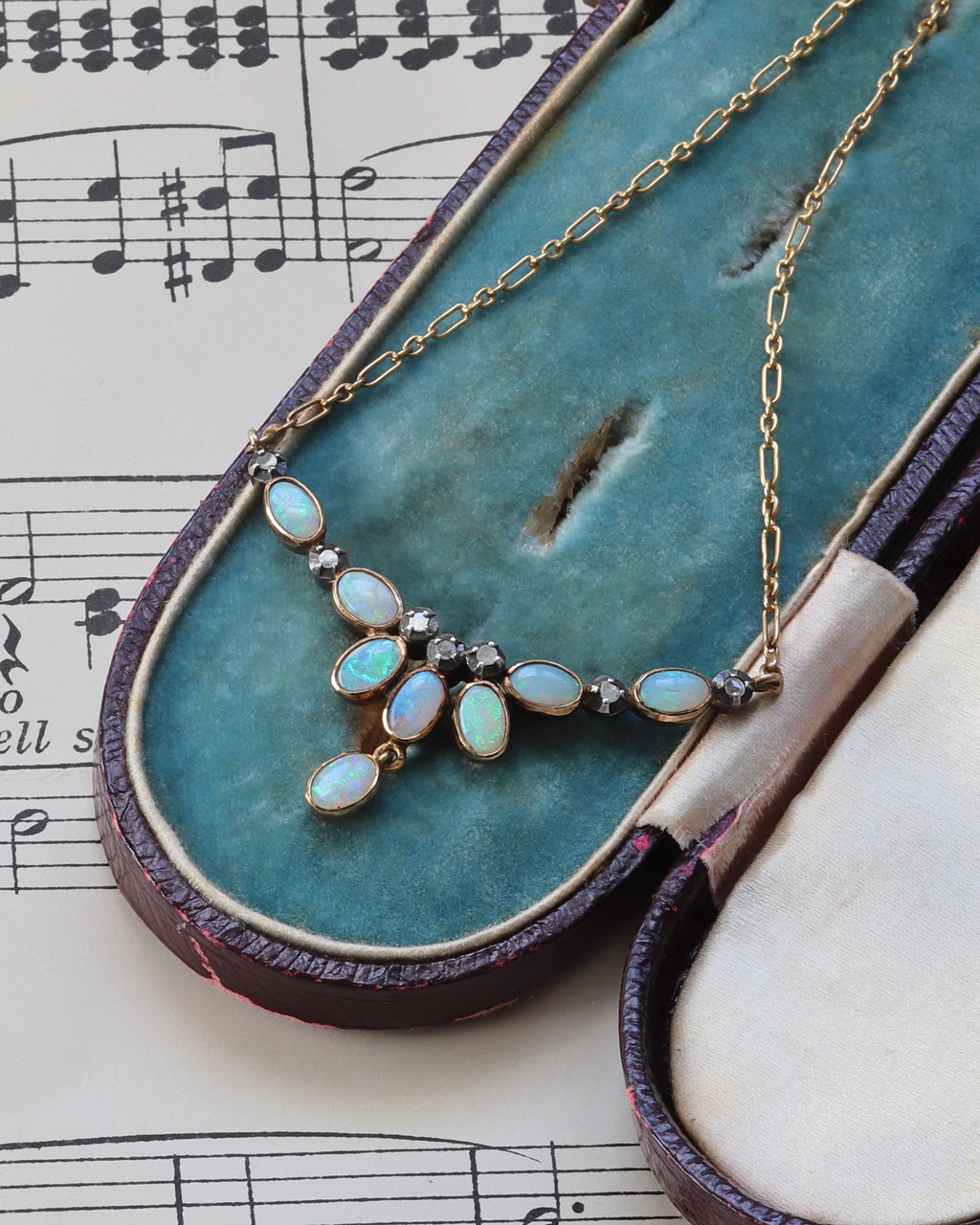 Antique Edwardian Portuguese 19.2ct Gold Opal & Diamond Fringe Necklace