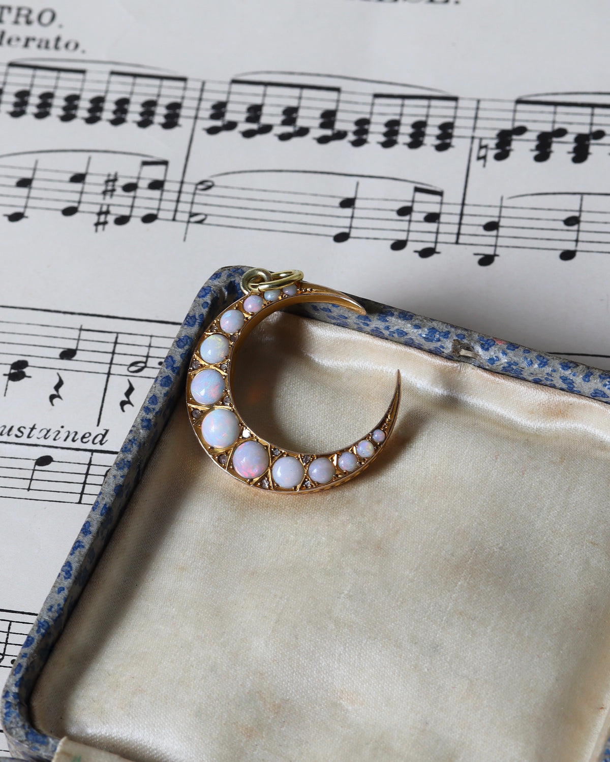 Edwardian 9ct Yellow Gold Opal and Diamond Crescent Moon Pendant