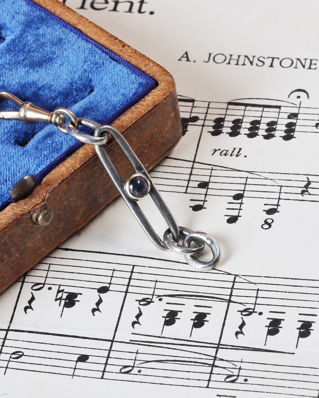 Antique Silver Trombone Link Extender with Sapphire Cabochon & 14ct Gold Swivel Dog Clip