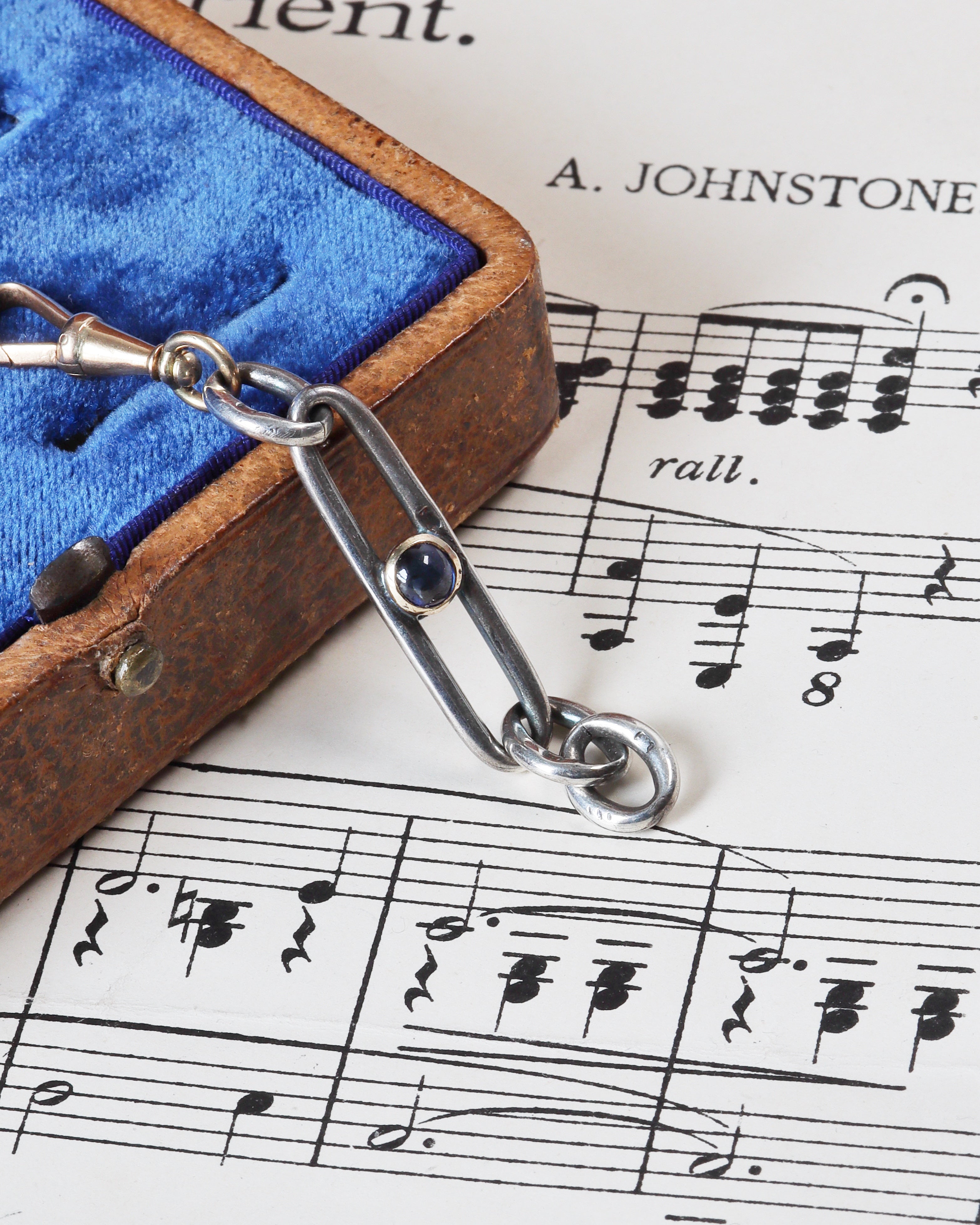 Antique Silver Trombone Link Extender with Sapphire Cabochon & 14ct Gold Swivel Dog Clip
