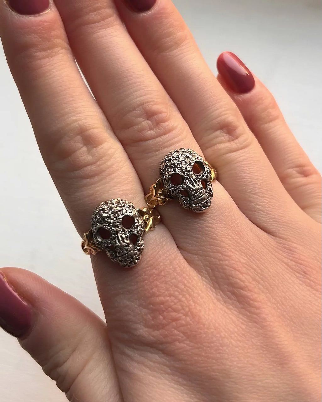 RESERVED Memento Mori Rose Cut Diamond Encrusted Skull Ring in Silver & 15ct Gold