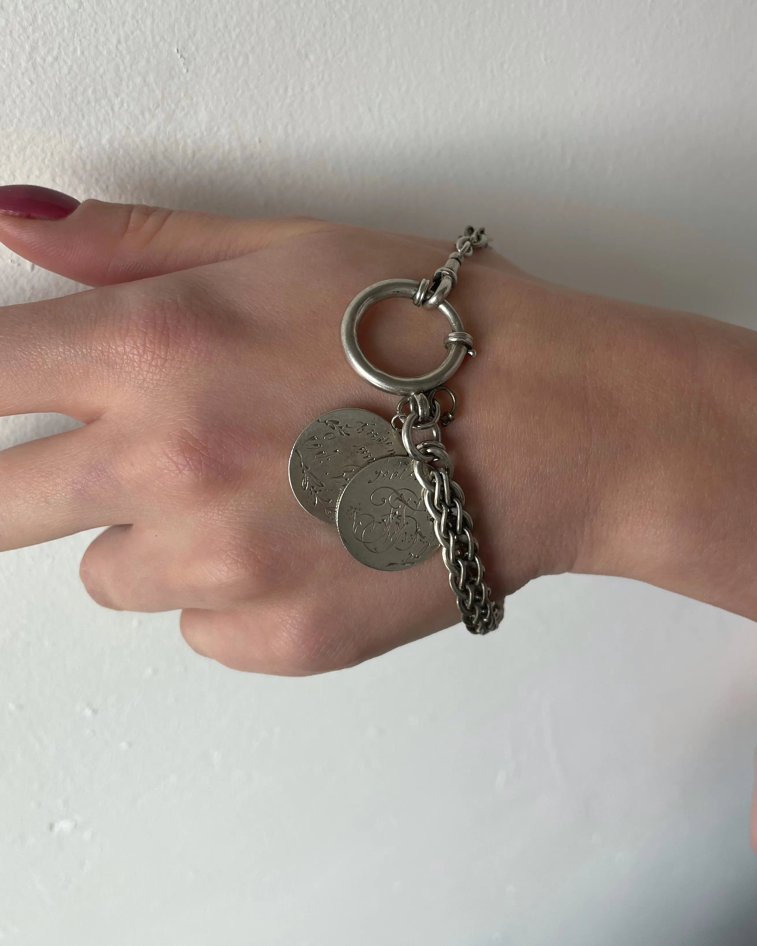 Antique Watch Chain with Dog Clip, Bolt Clasp and Coin Details