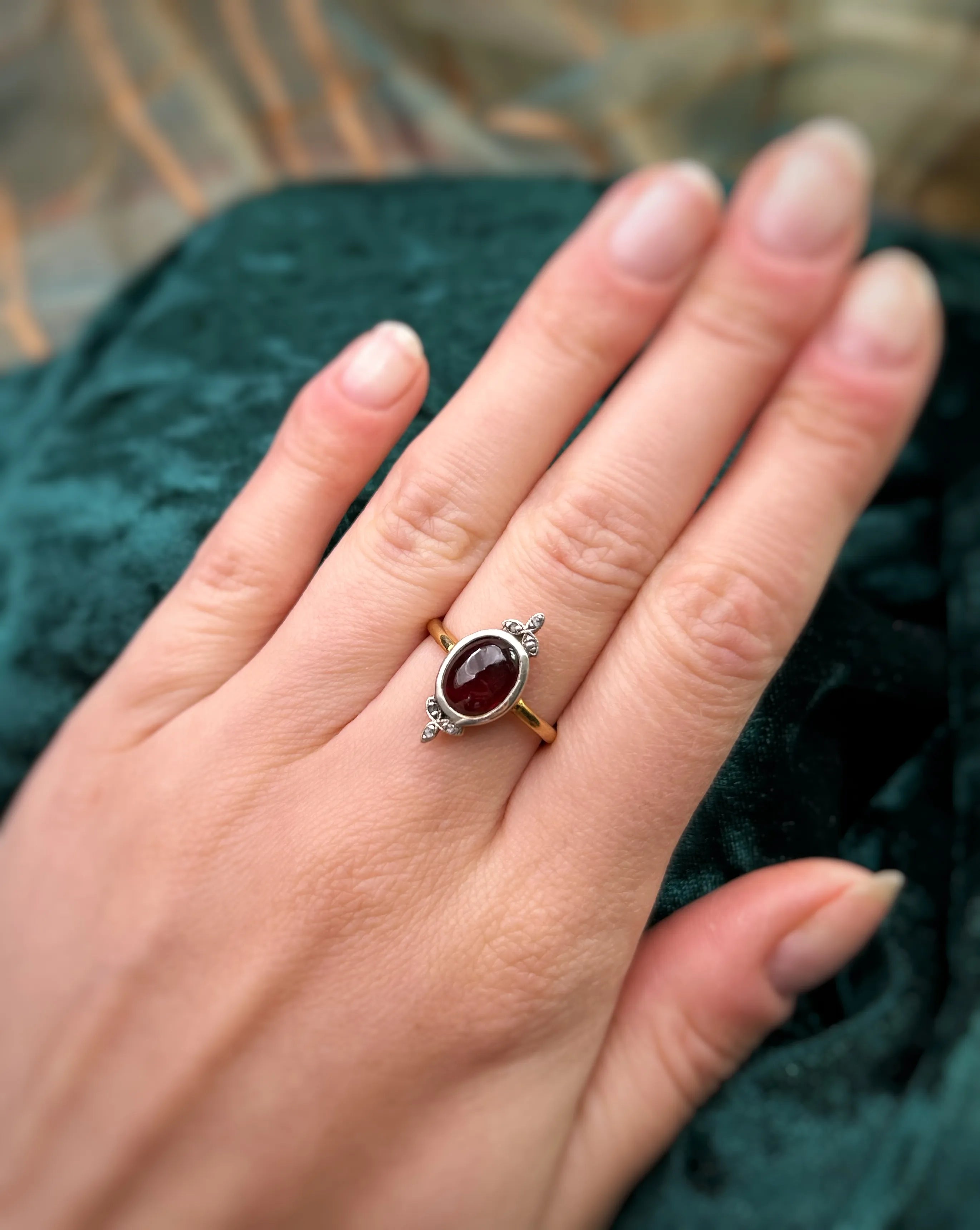 Victorian-inspired Garnet Cabochon Silver Ring