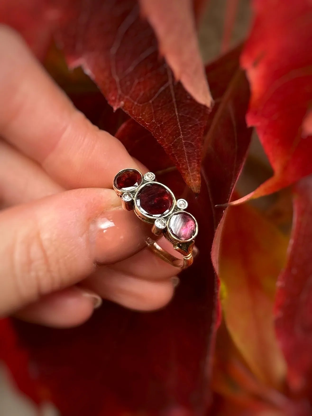 Antique Victorian Flat Cut Garnet & Diamond Trilogy Ring