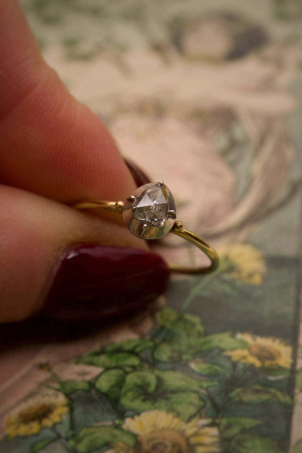 Georgian Teardrop Ball Design Solitaire Diamond Ring