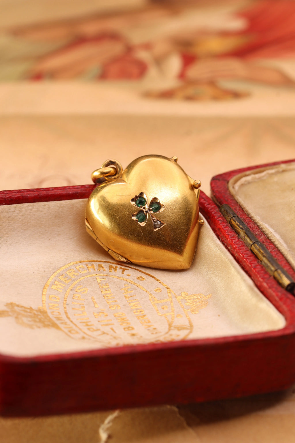 Antique Victorian 22ct Gold Lucky Clover Heart Locket with Emerald and Rose Cut Diamond Detail