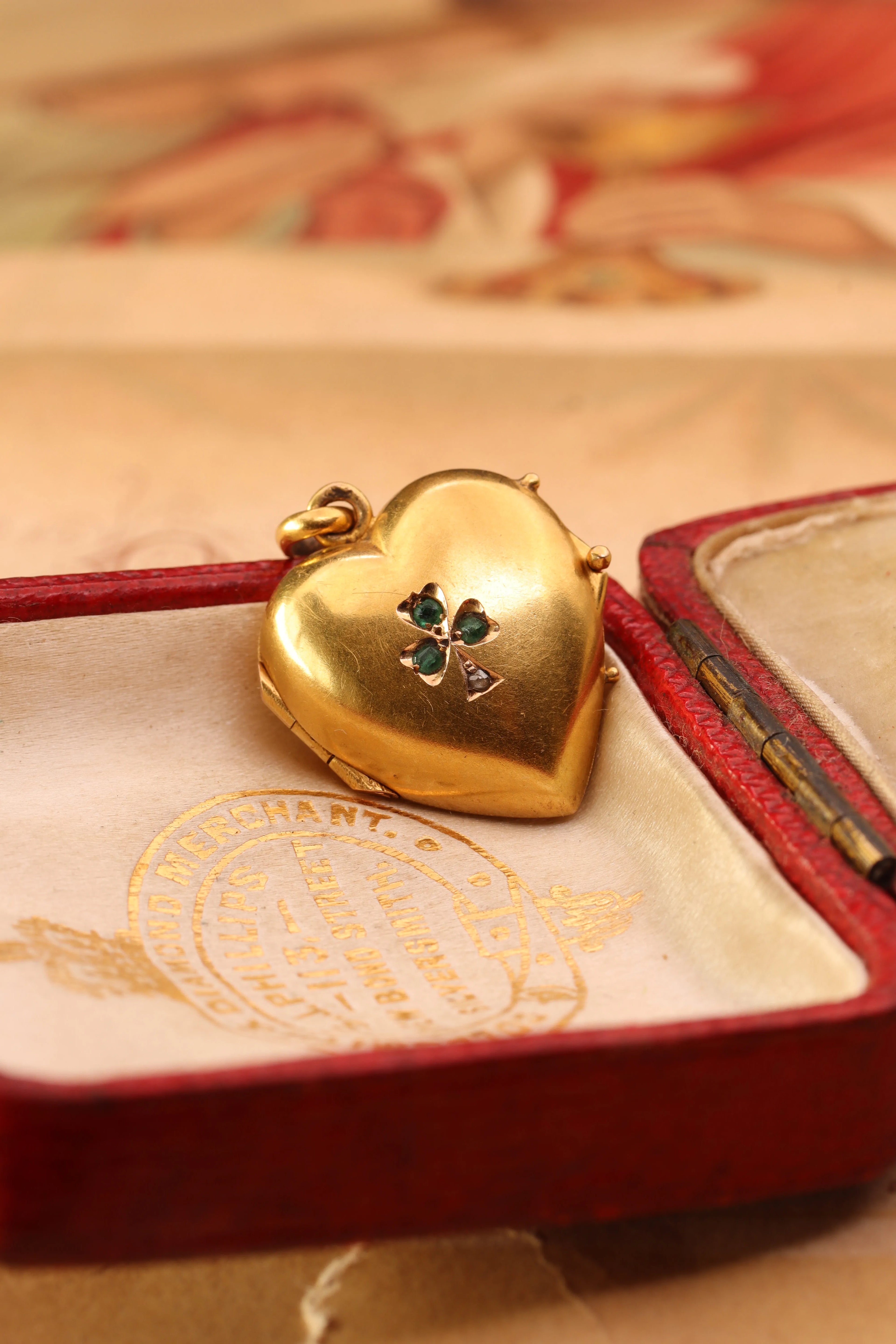 Antique Victorian 22ct Gold Lucky Clover Heart Locket with Emerald and Rose Cut Diamond Detail